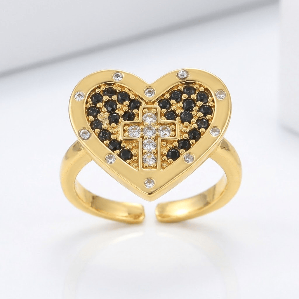 COLORFUL HEART &amp; CROSS SILVER RING - (ADJUSTABLE)