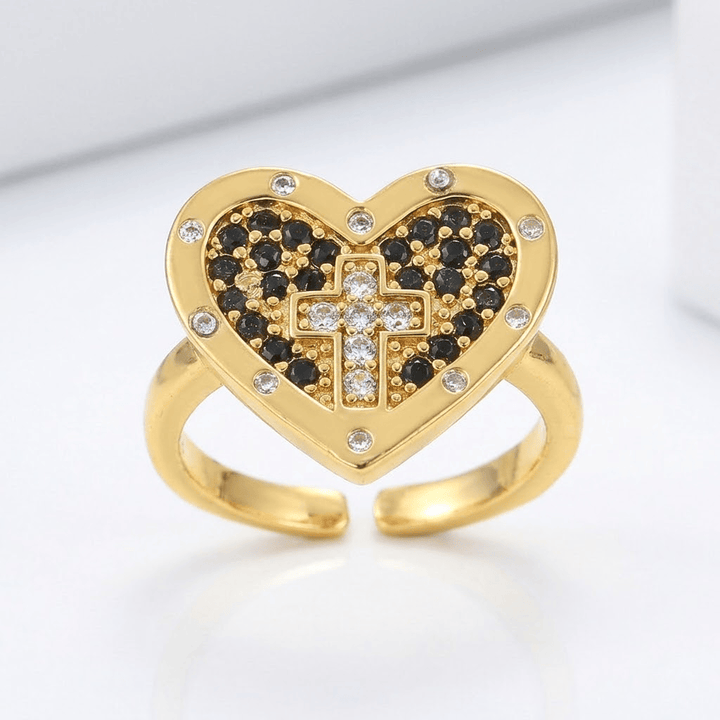 COLORFUL HEART &amp; CROSS SILVER RING - (ADJUSTABLE)