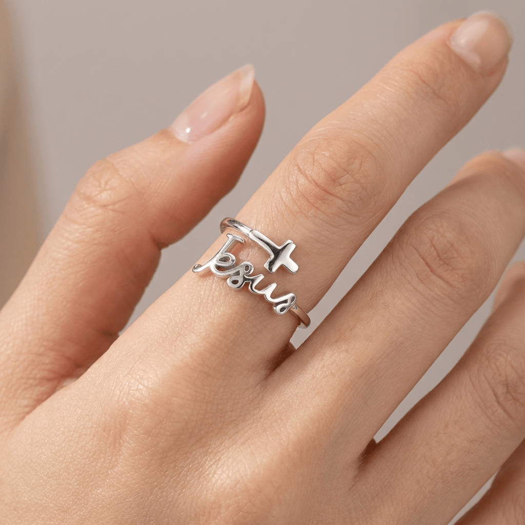 SILVER JESUS &amp; FAITH RING - (ADJUSTABLE)