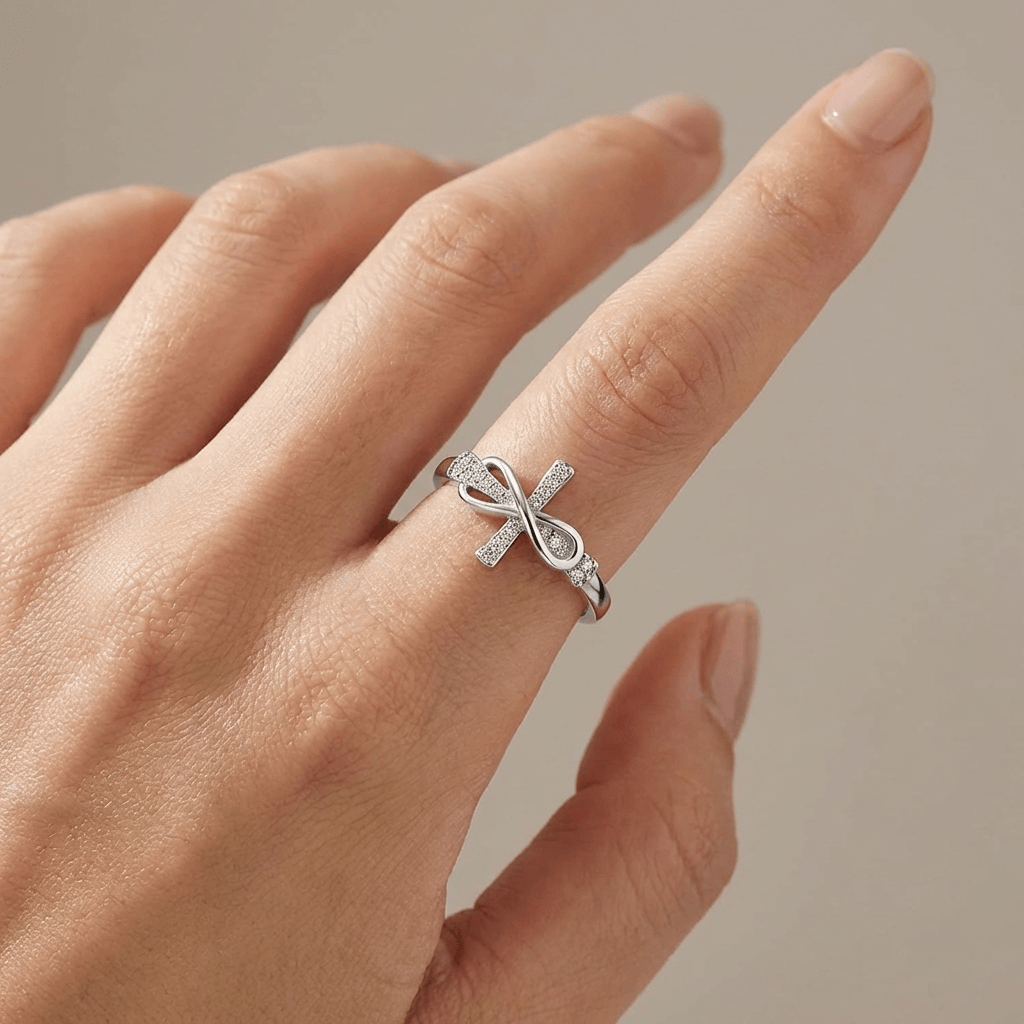 TIE &amp; CROSS SILVER RING WITH ZIRCONS - (ADJUSTABLE)