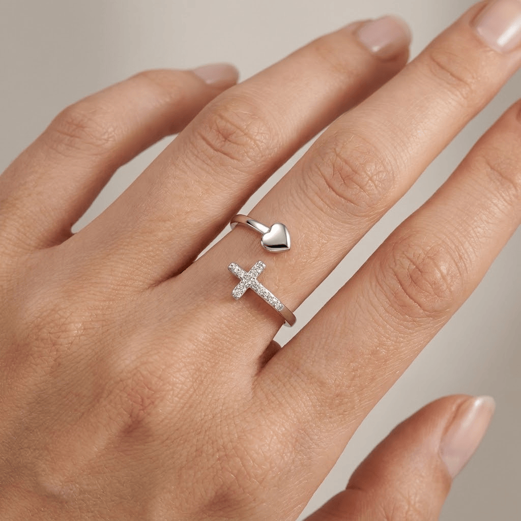 CROSS AND HEART RING WITH ZIRCON DIAMONDS - (ADJUSTABLE)