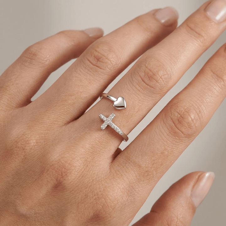 CROSS AND HEART RING WITH ZIRCON DIAMONDS - (ADJUSTABLE)