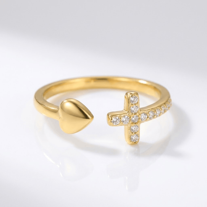 CROSS AND HEART RING WITH ZIRCON DIAMONDS - (ADJUSTABLE)