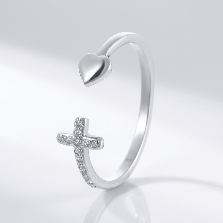 CROSS AND HEART RING WITH ZIRCON DIAMONDS - (ADJUSTABLE)