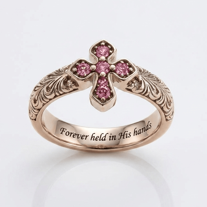 FOREVER HELD IN HIS HANDS PINK CROSS RING