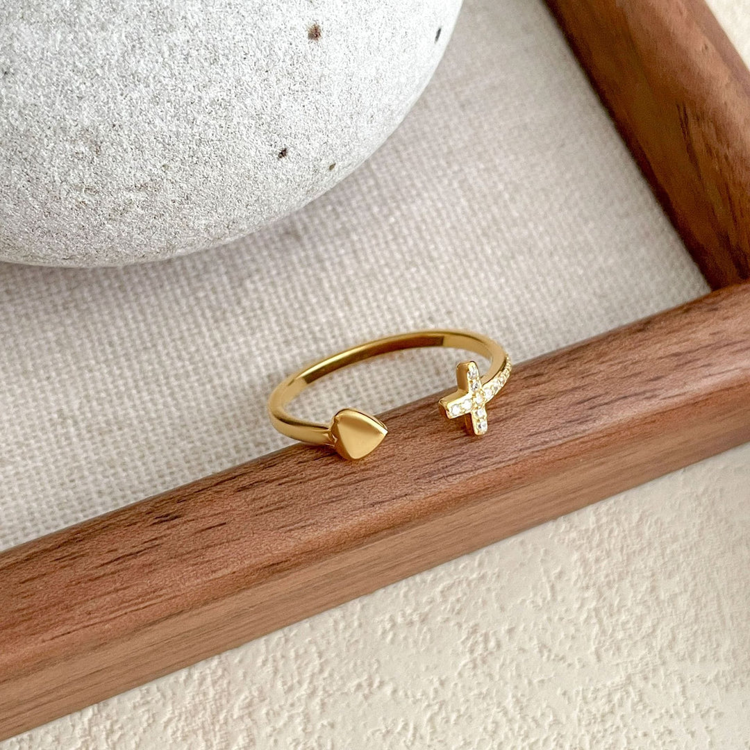 CROSS AND HEART RING WITH ZIRCON DIAMONDS - (ADJUSTABLE)