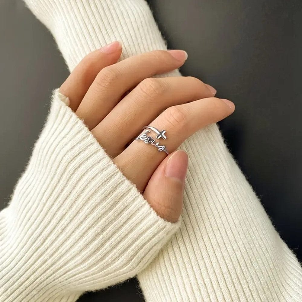 SILVER JESUS &amp; FAITH RING - (ADJUSTABLE)