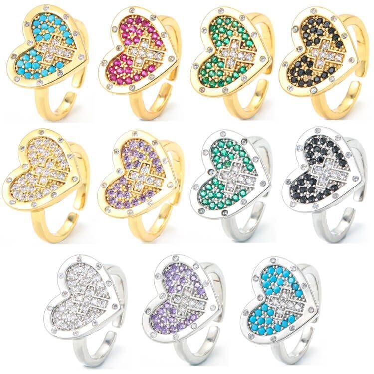 COLORFUL HEART &amp; CROSS SILVER RING - (ADJUSTABLE)