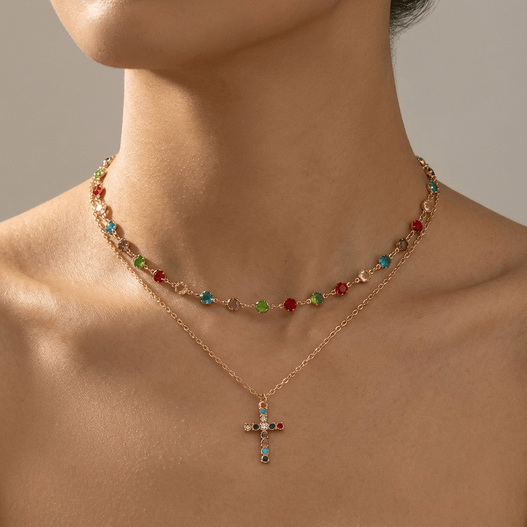 COLORFUL CROSS PENDANT NECKLACE