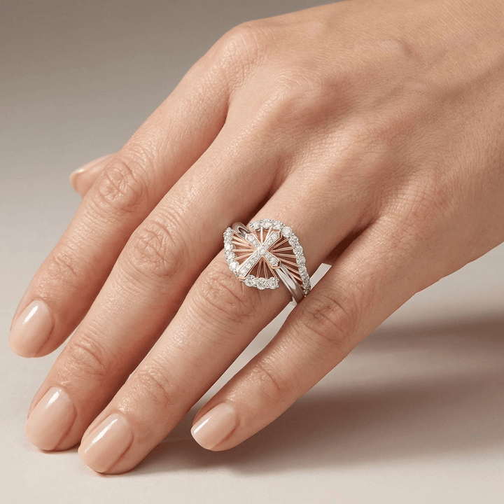 Two-tone ring with diamond cross ring