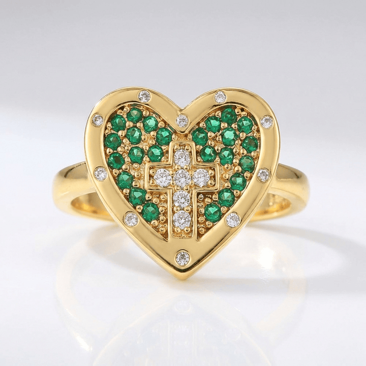 COLORFUL HEART &amp; CROSS SILVER RING - (ADJUSTABLE)