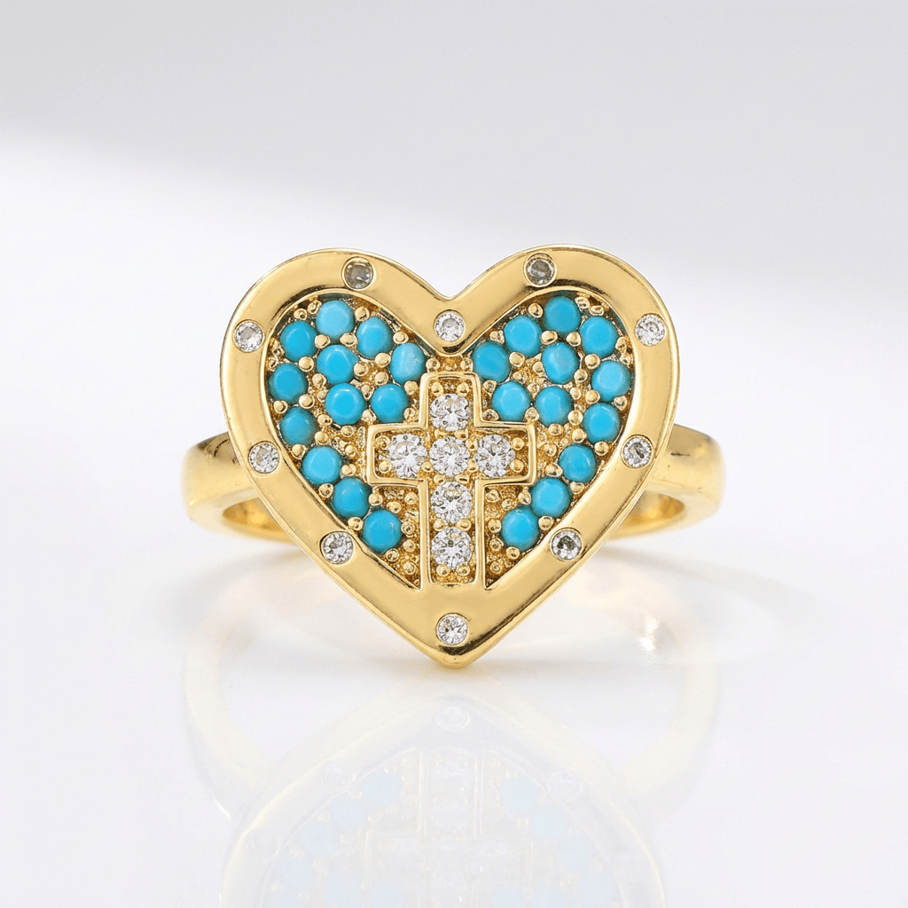 COLORFUL HEART &amp; CROSS SILVER RING - (ADJUSTABLE)