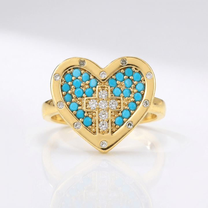 COLORFUL HEART &amp; CROSS SILVER RING - (ADJUSTABLE)