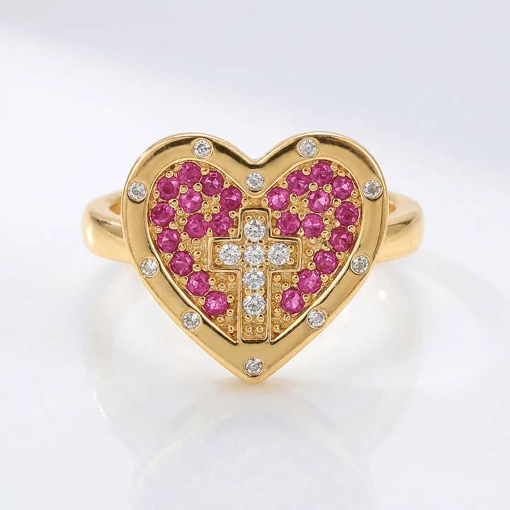 COLORFUL HEART &amp; CROSS SILVER RING - (ADJUSTABLE)