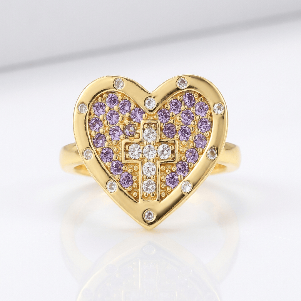 COLORFUL HEART &amp; CROSS SILVER RING - (ADJUSTABLE)