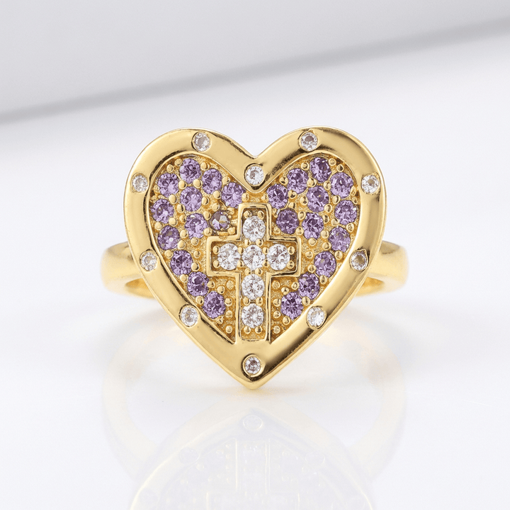 COLORFUL HEART &amp; CROSS SILVER RING - (ADJUSTABLE)