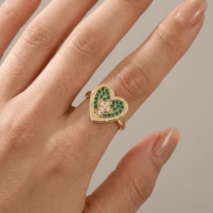 COLORFUL HEART &amp; CROSS SILVER RING - (ADJUSTABLE)