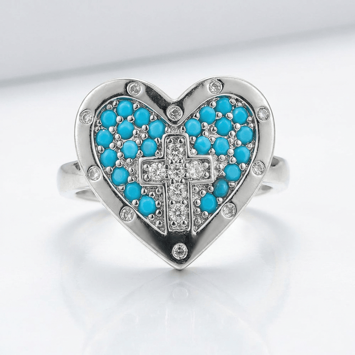 COLORFUL HEART &amp; CROSS SILVER RING - (ADJUSTABLE)