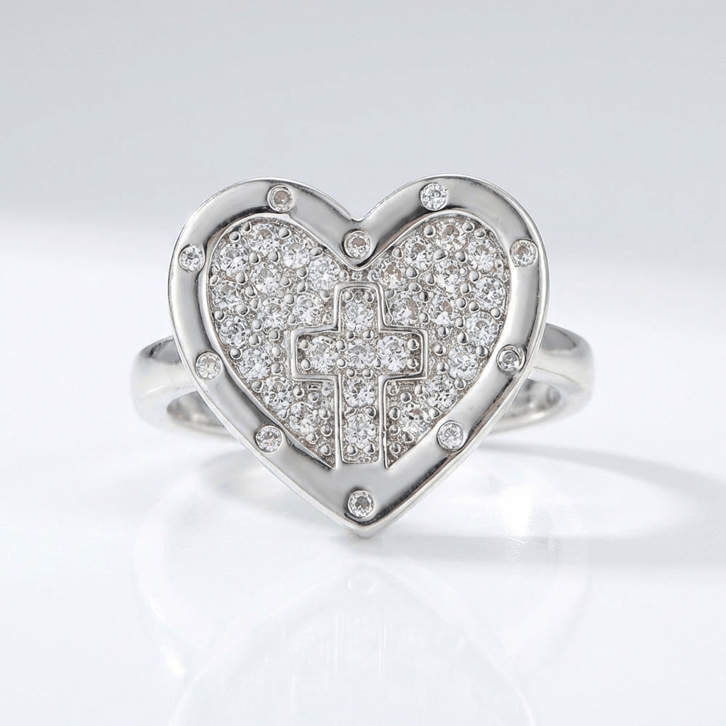 COLORFUL HEART &amp; CROSS SILVER RING - (ADJUSTABLE)