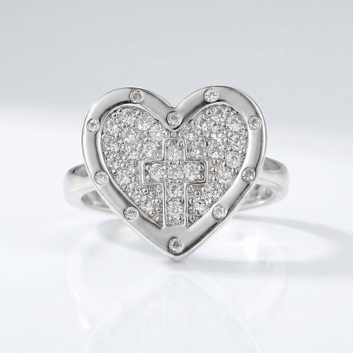 COLORFUL HEART &amp; CROSS SILVER RING - (ADJUSTABLE)