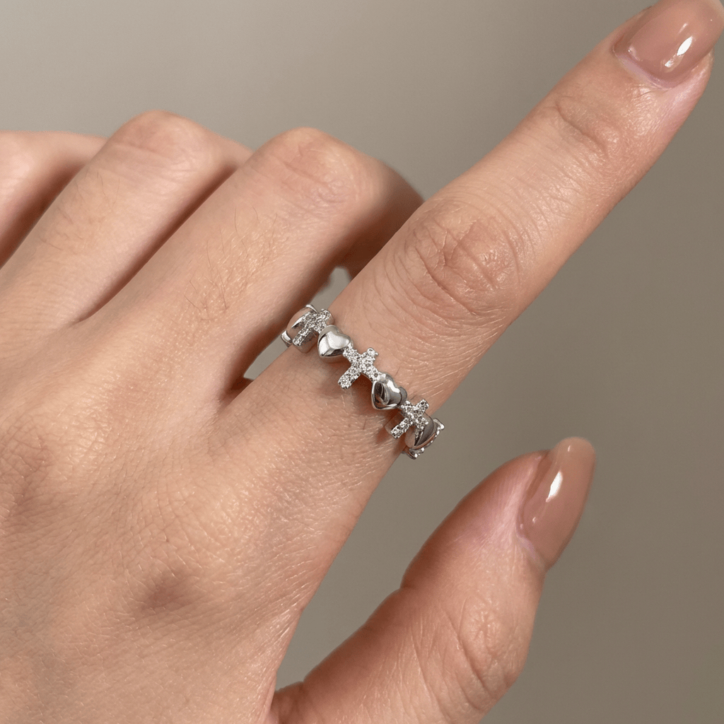 SILVER CROSS &amp; HEARTS RING