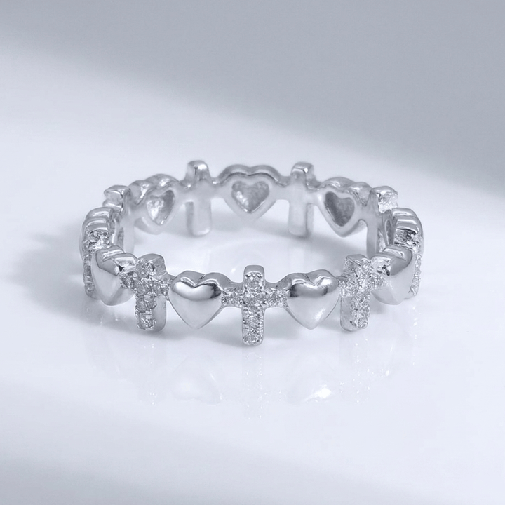 SILVER CROSS &amp; HEARTS RING