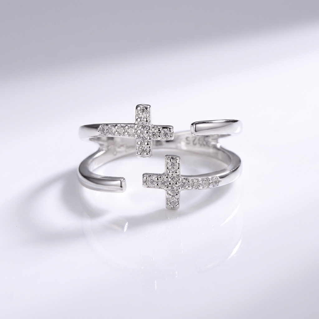 DOUBLE CROSS SILVER & DIAMOND RING - (ADJUSTABLE) – TimelessFaithCo.